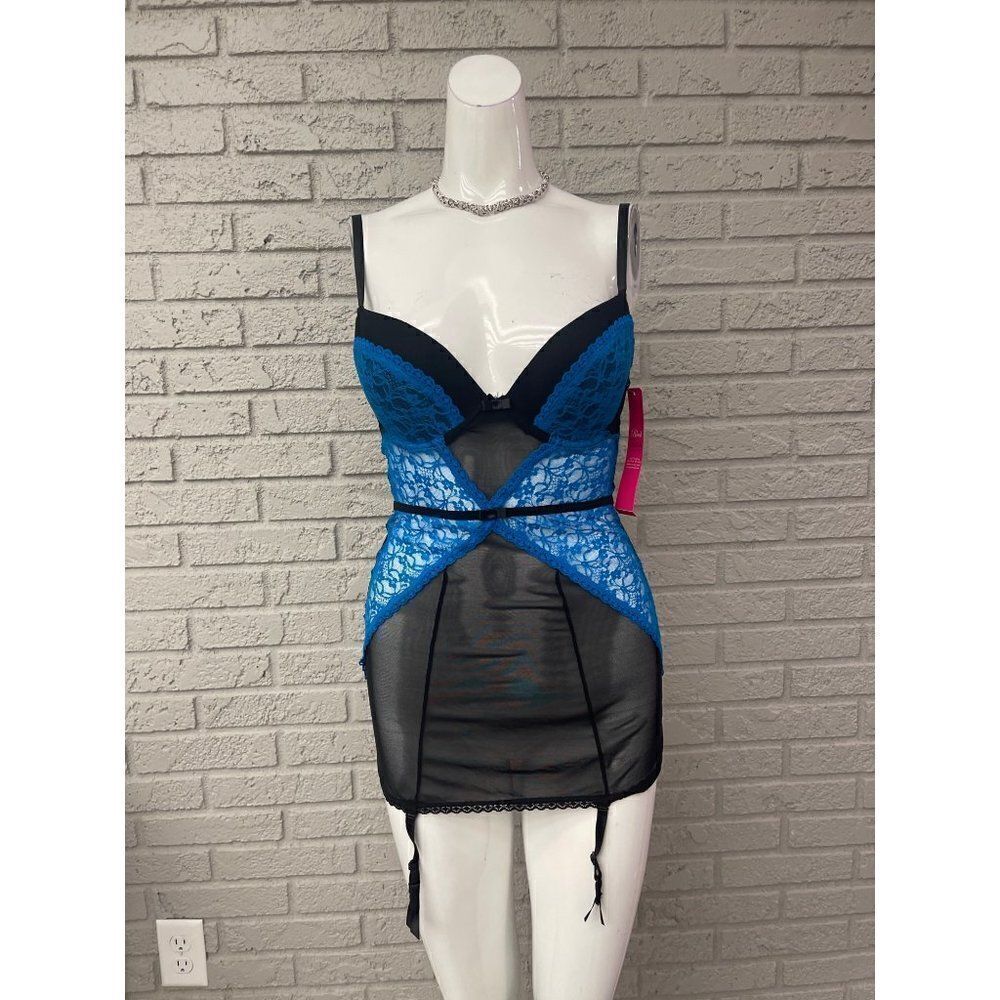Black Fuchsia by Secret Lace Blue & Black Lace Teddy Size L NWT